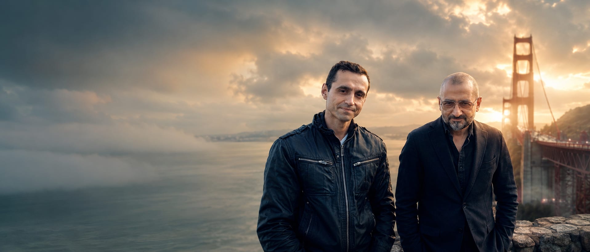 Hristo Vitchev and Jivko Petrov at the Golden Gate Bridge at sunset